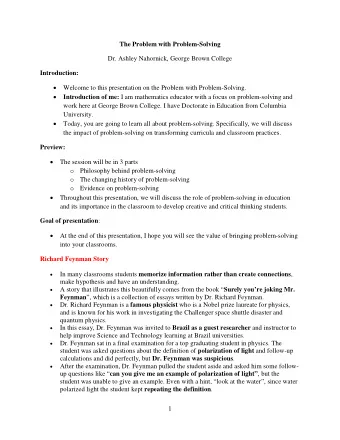 The Problem with Problem-Solving  Dr. Ashley Nahornick, George Brown College  Introduction: