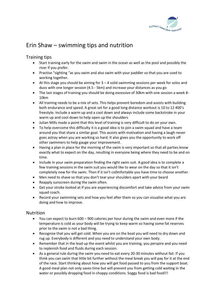 erin shaw swimming tips and nutrition