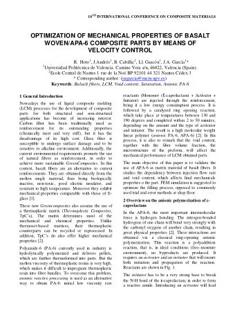 OPTIMIZATION OF MECHANICAL PROPERTIES OF BASALT  WOVEN/APA-6 COMPOSITE PARTS BY MEANS OF  VELOCITY