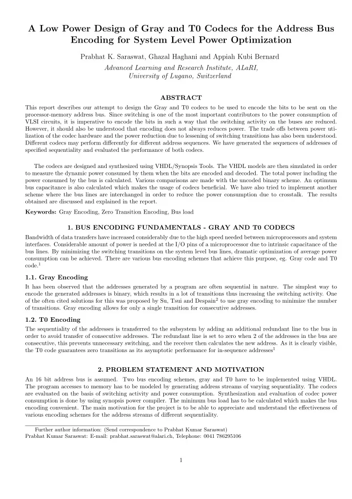 a low power design of gray and t0 codecs for the address