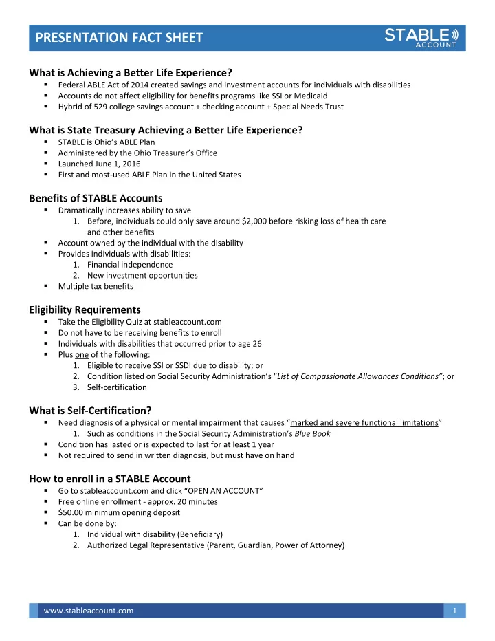 presentation fact sheet