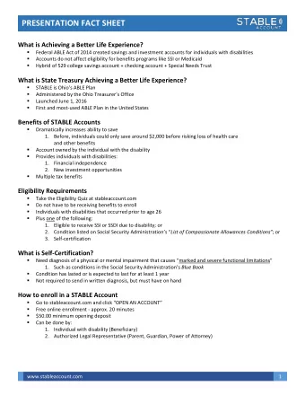 PRESENTATION FACT SHEET  What is Achieving a Better Life Experience?    Federal ABLE Act of 2014