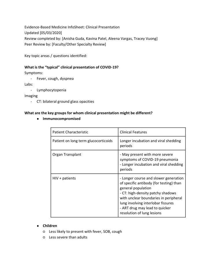 evidence based medicine infosheet clinical presentation