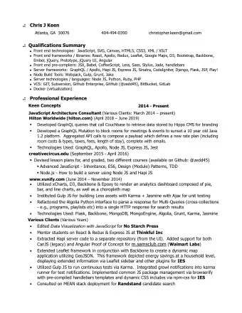 .:   Professional Experience  Keen Concepts  2014 - Present JavaScript Architecture Consultant