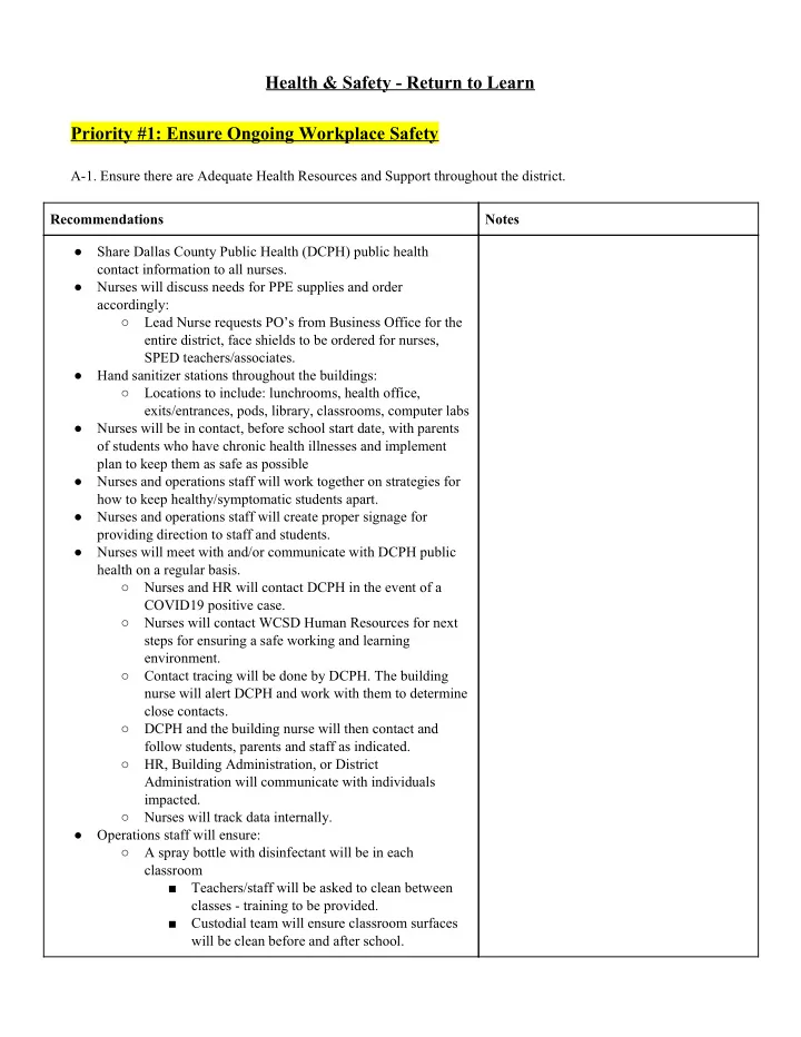 health safety return to learn priority 1 ensure ongoing