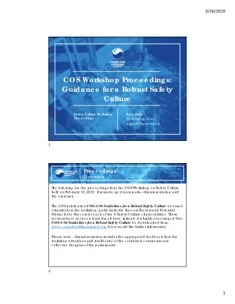 COS Wor  kshop Pr  oc e e dings:  Guidanc e  for  a R  obust Safe ty  Cultur  e  Safe ty Cultur  e