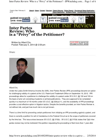 Inter Partes  Review: Who  is a Privy of the Petitioner?  Written by Allard Chu  Posted: