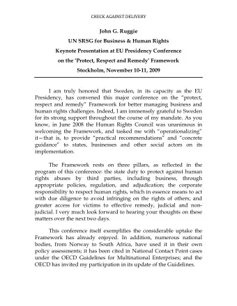John G. Ruggie UN SRSG for Business &amp; Human Rights  Keynote Presentation at EU Presidency
