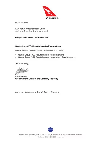 20 August 2020  ASX Market Announcements Office  Australian Securities Exchange Limited  Lodged