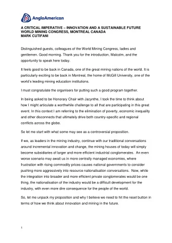 A CRITICAL IMPERATIVE  INNOVATION AND A SUSTAINABLE FUTURE  WORLD MINING CONGRESS, MONTREAL