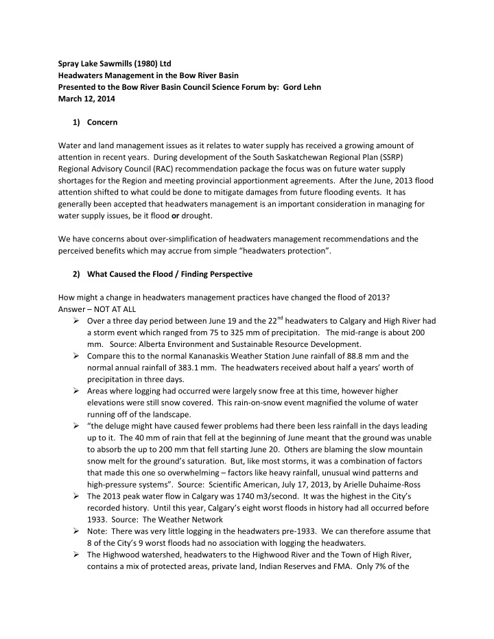 spray lake sawmills 1980 ltd headwaters management in the