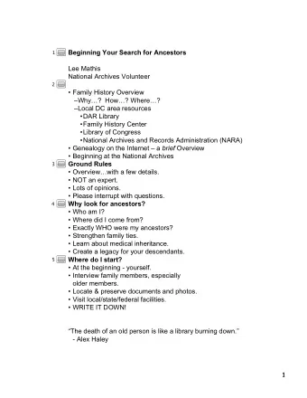 Beginning Your Search for Ancestors  1  Lee Mathis  National Archives Volunteer  2  Family