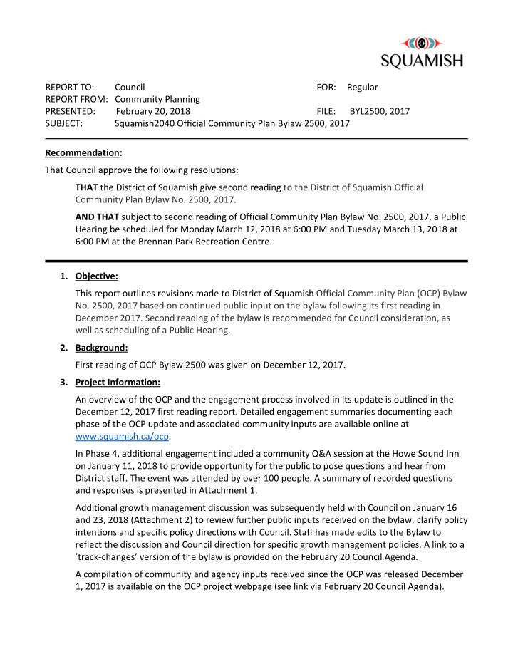report to council for regular report from community