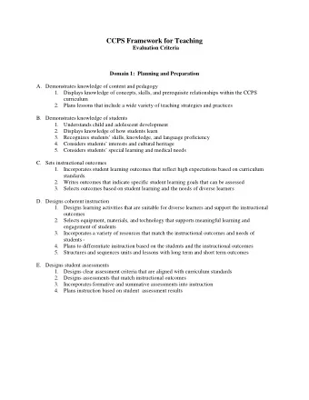 CCPS Framework for Teaching  Evaluation Criteria  Domain 1:  Planning and Preparation A.