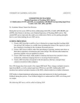 UNIVERSITY OF CALIFORNIA, SANTA CRUZ  AS/SCP/1931  COMMITTEE ON TEACHING  Student Experience of