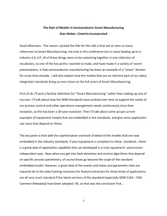 The Role of Models in Semiconductor Smart Manufacturing  Alan Weber, Cimetrix Incorporated  Good