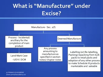 What is Manufacture under  Excise?  Manufacture - Sec. 2(f)  Process - Incidental/  Deemed