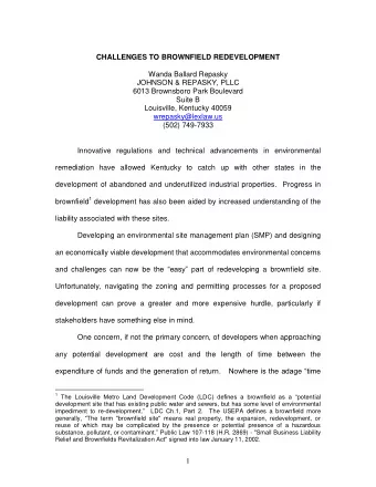 CHALLENGES TO BROWNFIELD REDEVELOPMENT  Wanda Ballard Repasky  JOHNSON &amp; REPASKY, PLLC  6013