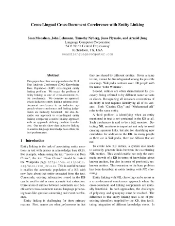 Cross-Lingual Cross-Document Coreference with Entity Linking  Sean Monahan, John Lehmann, Timothy