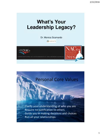 Leadership Legacy?  Dr. Monica Scamardo  pe  personal  l cor  ore val  alues  Personal Core Values