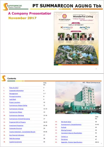 PT SUMMARECON AGUNG Tbk  A Com pany Presentation  Novem ber 2 0 1 7  1  Contents HO : Plaza