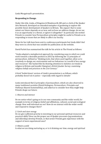 Linda Murgatroyds presentation.  Responding to Change.  Under this title, Linda, of Kingston