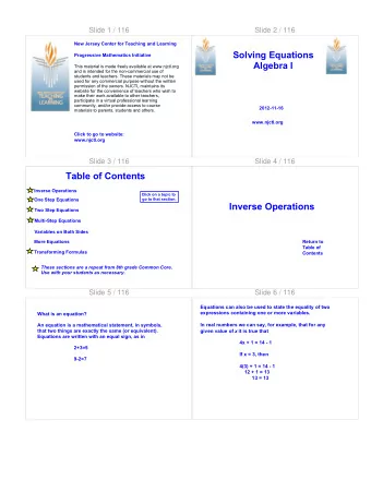 Table of Contents  Inverse Operations  Click on a topic to  One Step Equations  go to that section.