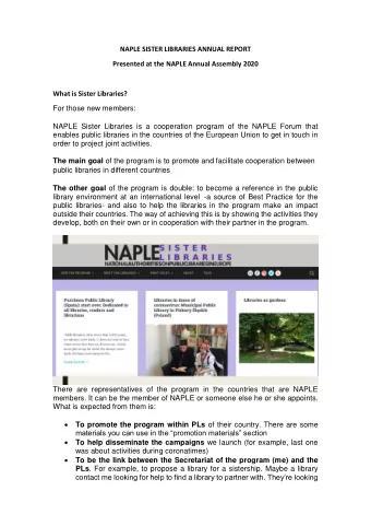 NAPLE SISTER LIBRARIES ANNUAL REPORT  Presented at the NAPLE Annual Assembly 2020  What is Sister