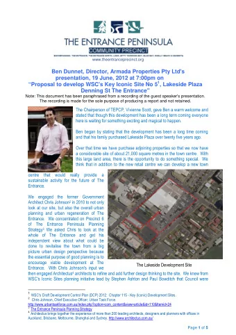 Ben Dunnet, Director, Armada Properties Pty Ltd's  presentation, 19 June, 2012 at 7:00pm on