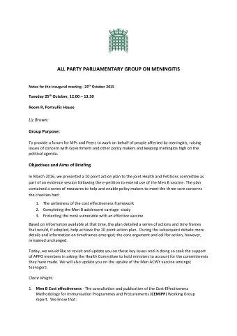 ALL PARTY PARLIAMENTARY GROUP ON MENINGITIS Notes for the inaugural meeting - 25 th October 2015