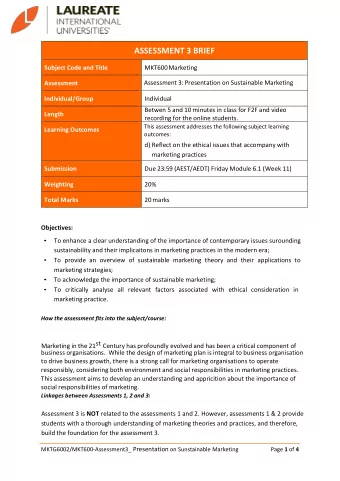 ASSESSMENT 3 BRIEF  Subject Code and Title  MKT600 Marketing Assessment 3: Presentation on S u s ta