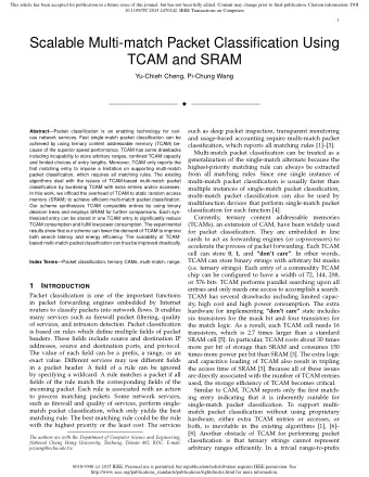 Scalable Multi-match Packet Classification Using  TCAM and SRAM  Yu-Chieh Cheng, Pi-Chung Wang