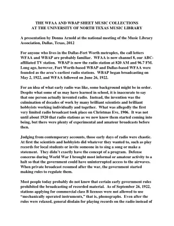 THE WFAA AND WBAP SHEET MUSIC COLLECTIONS  AT THE UNIVERSITY OF NORTH TEXAS MUSIC LIBRARY  A