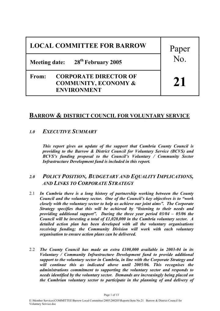 local committee for barrow paper no 28 th february 2005
