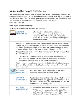 Mastering the Gospel P  resentation  Welcome to the CMF Training page on Mastering a Gospel