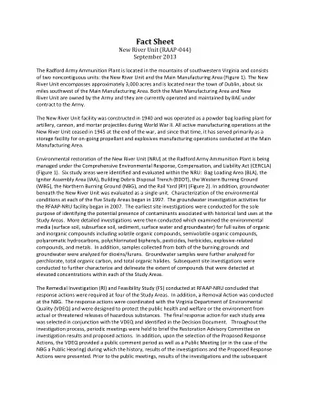 Fact Sheet  New River Unit (RAAP044)  September 2013 The Radford Army Ammunition Plant is
