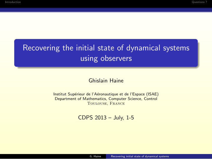 recovering the initial state of dynamical systems using