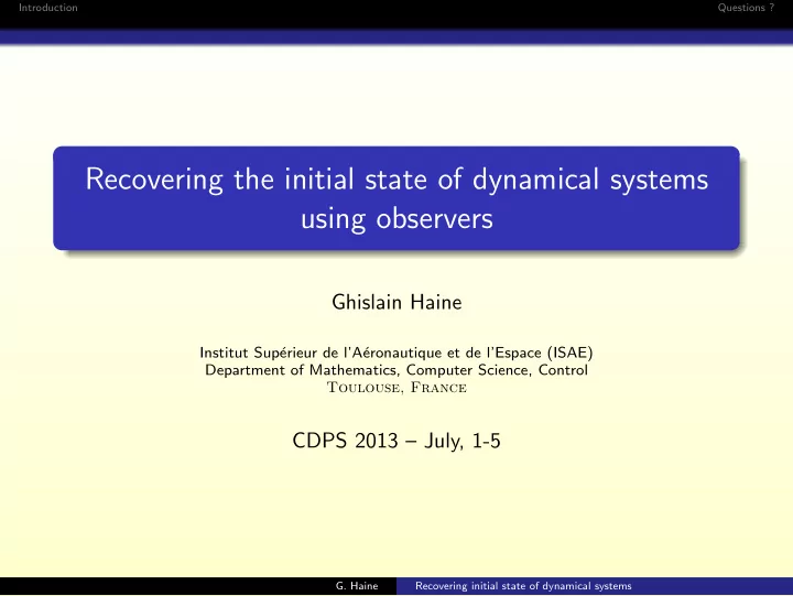 recovering the initial state of dynamical systems using