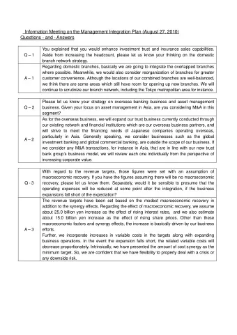 Information Meeting on the Management Integration Plan (August 27, 2010) Questions - and - Answers
