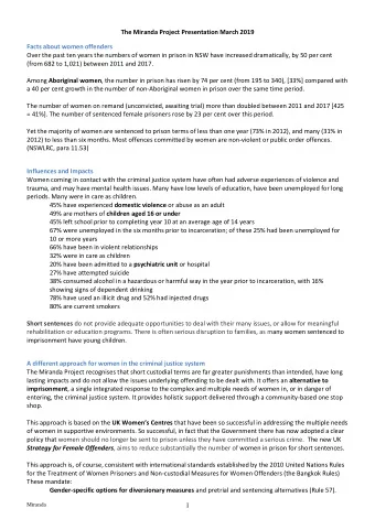 The Miranda Project Presentation March 2019  Facts about women offenders  Over the past ten years