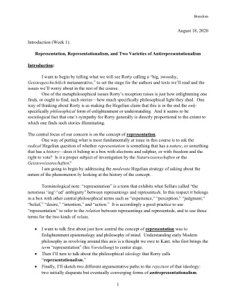 August 18, 2020  Introduction (Week 1):  Representation, Representationalism, and Two Varieties of