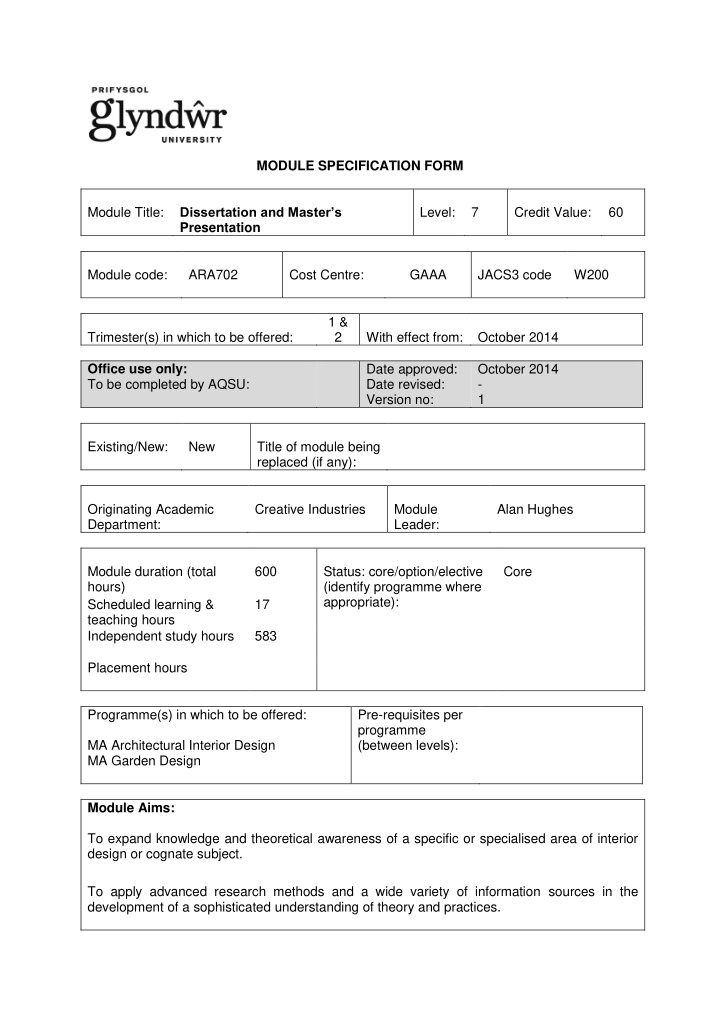 module specification form dissertation and master s