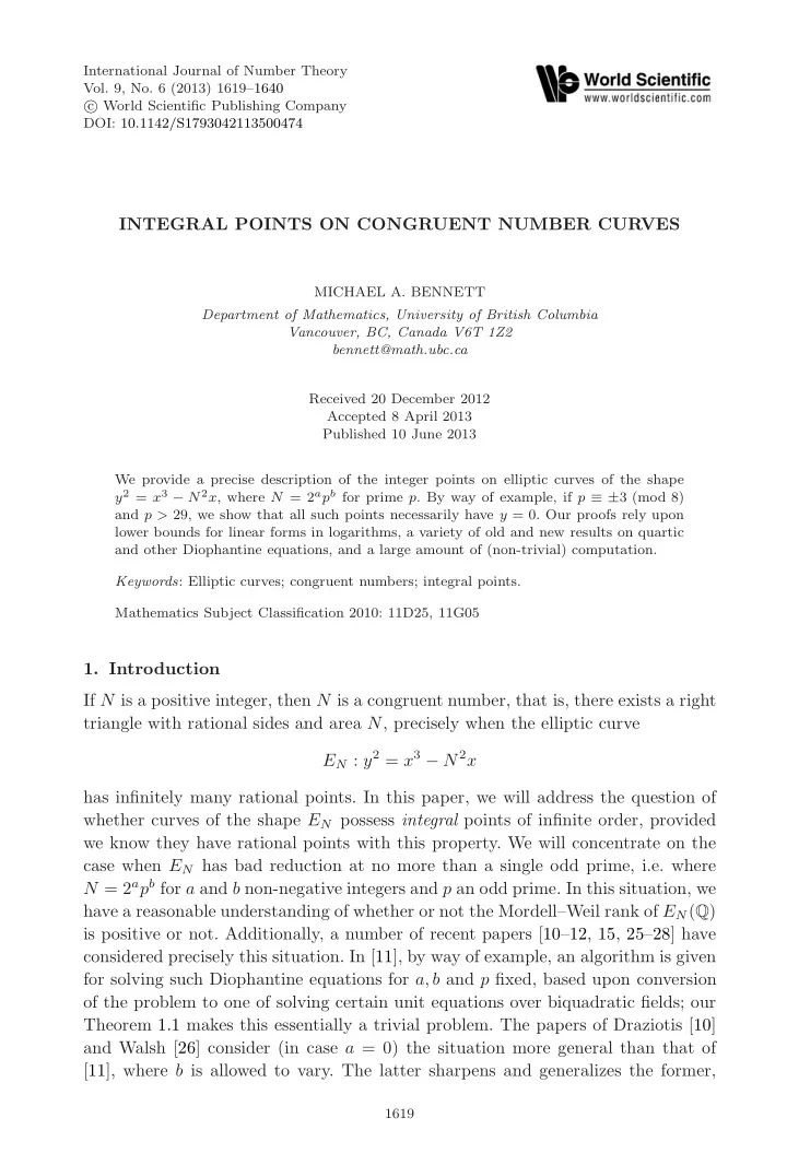 integral points on congruent number curves