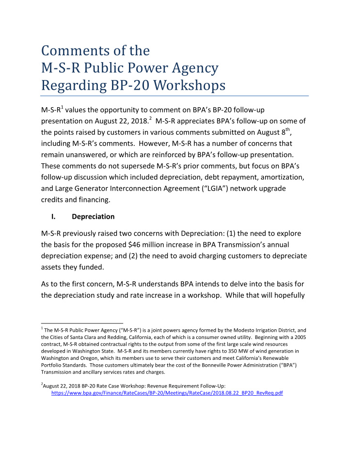 comments of the m s r public power agency regarding bp 20