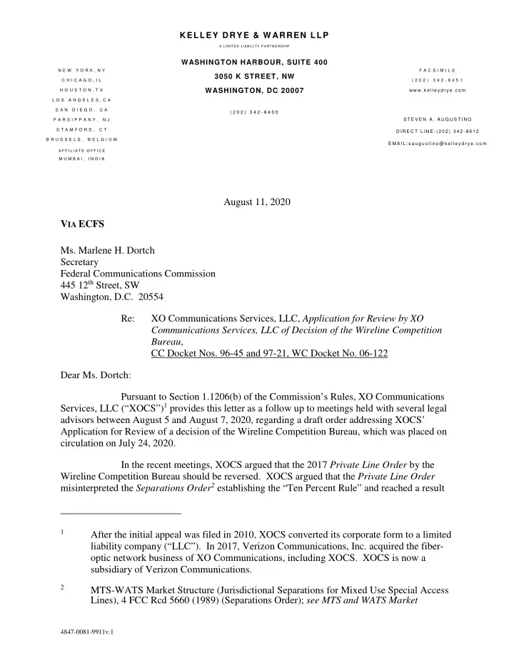 august 11 2020 v ia ecfs ms marlene h dortch secretary