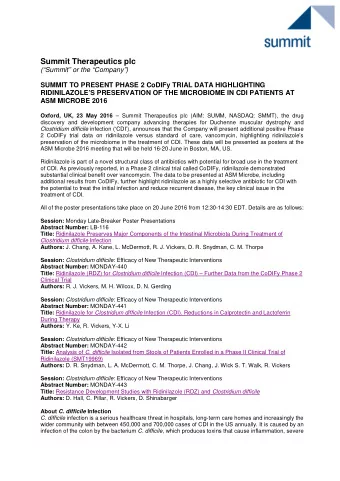 Summit Therapeutics plc  (Summit or the Company)  SUMMIT TO PRESENT PHASE 2 CoDIFy