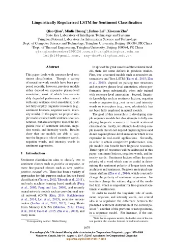 Linguistically Regularized LSTM for Sentiment Classification Qiao Qian 1 , Minlie Huang 1  ,