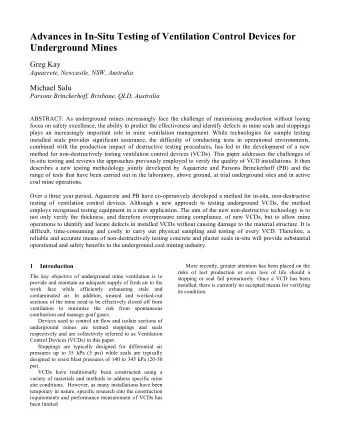 Advances in In-Situ Testing of Ventilation Control Devices for  Underground Mines  Greg Kay