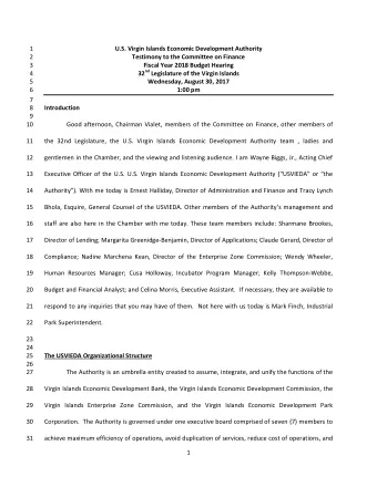 1 U.S. Virgin Islands Economic Development Authority  2 Testimony to the Committee on Finance  3