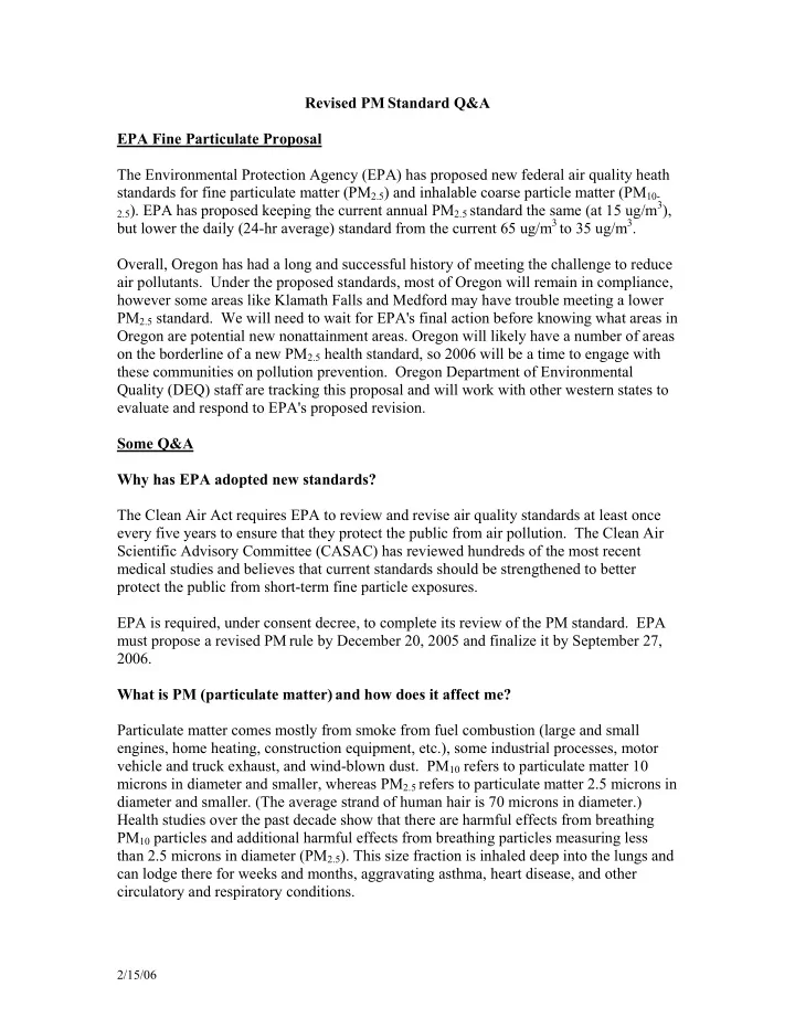 revised pm standard q amp a epa fine particulate proposal